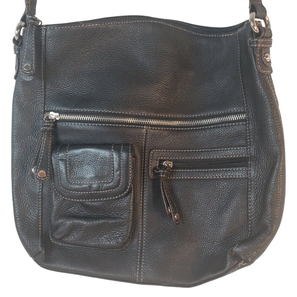 Tignanello Black Pebbled Leather Shoulder Bag Organizer Purse